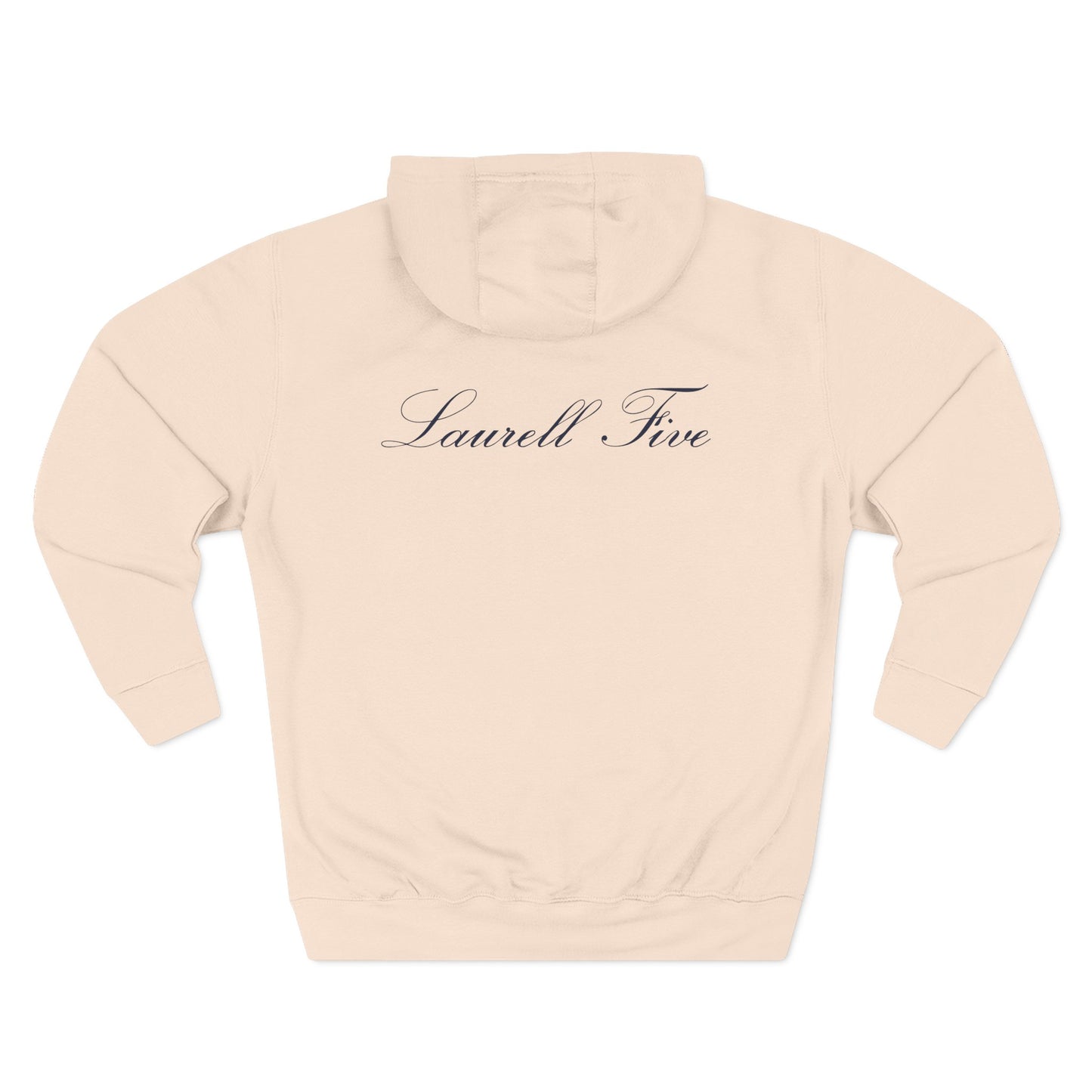 Navy Laurell five logo on pale pink hoodie