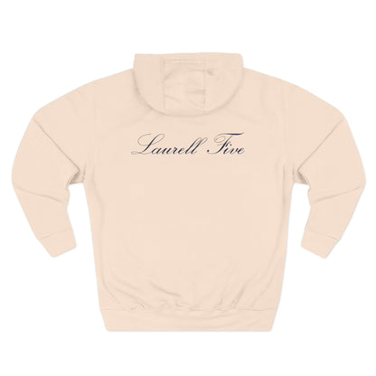 Navy Laurell five logo on pale pink hoodie