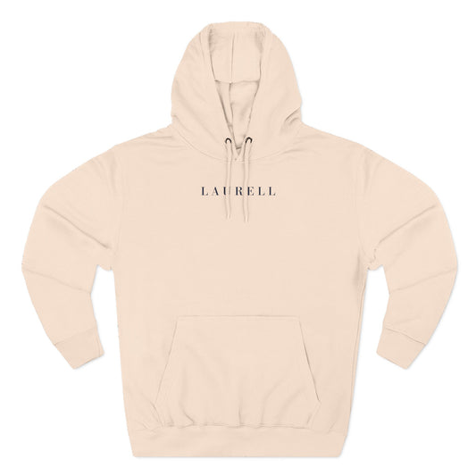 Navy Laurell five logo on pale pink hoodie